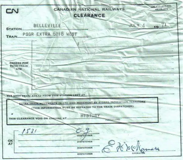 Clearance form for last run of CNR 6218, July 4, 1971.